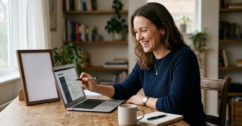 Mujer adulta revisando su currículum en una computadora portátil